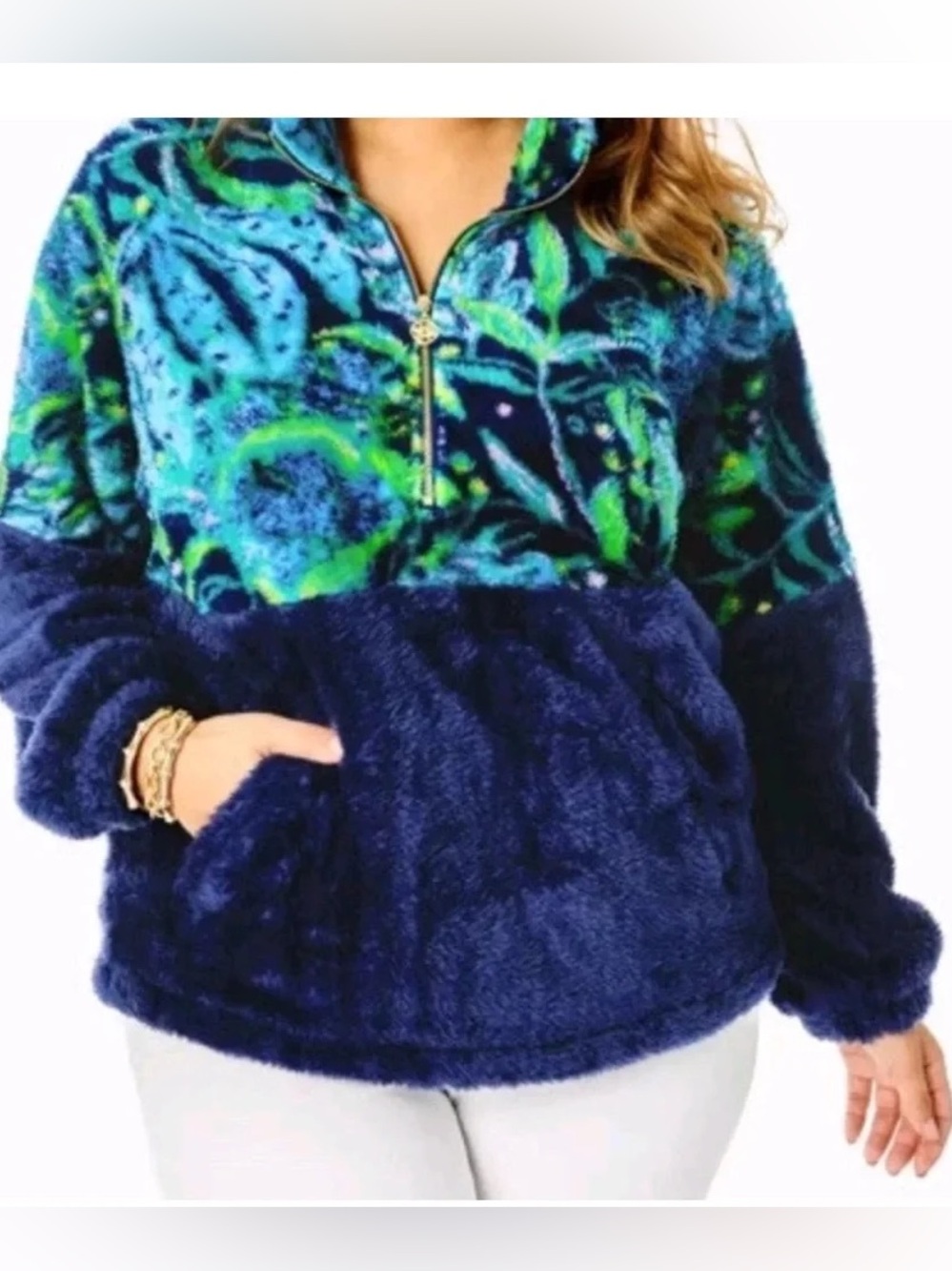 Lilly Pulitzer Keala Sherpa Popover Top Hoodie Low Tide Navy Catty Medium - Picture 5 of 8